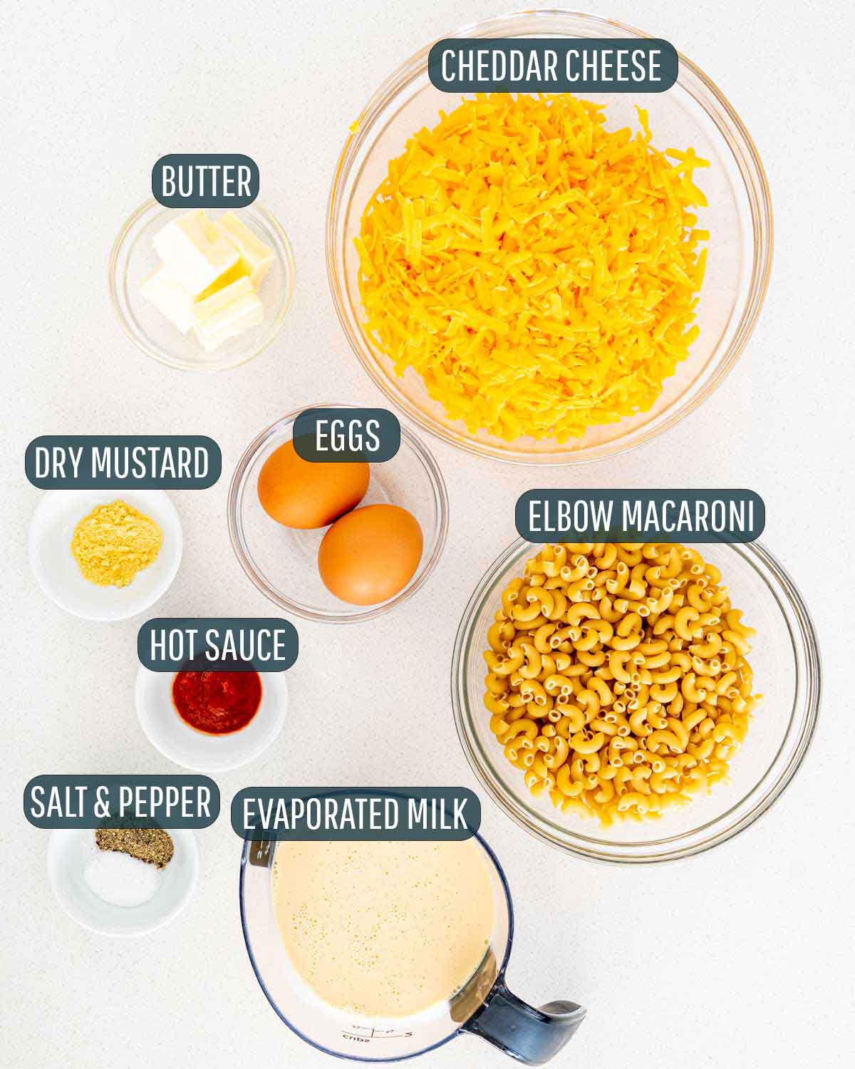 overhead shot of ingredients needed to make stovetop mac and cheese.