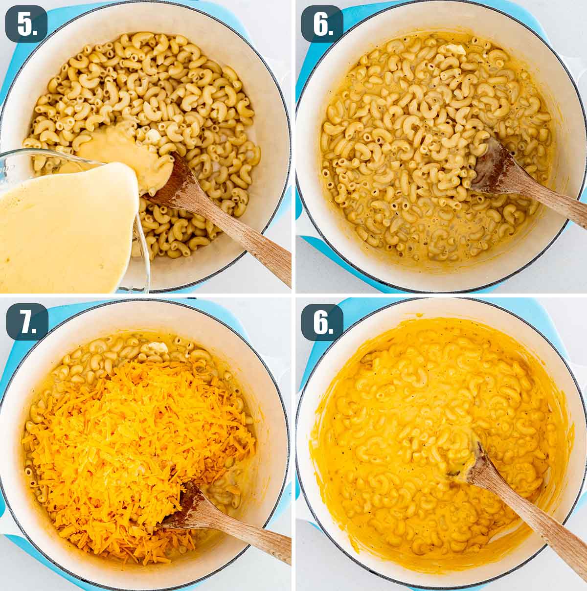 process shots showing how to make stovetop mac and cheese.