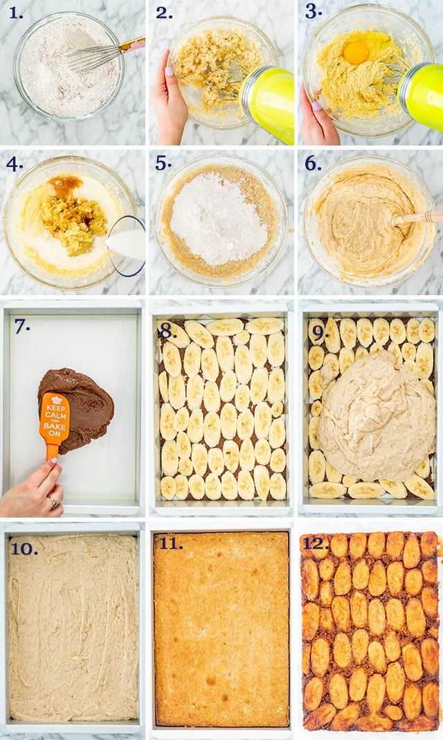 step photos of making banana upside down cake