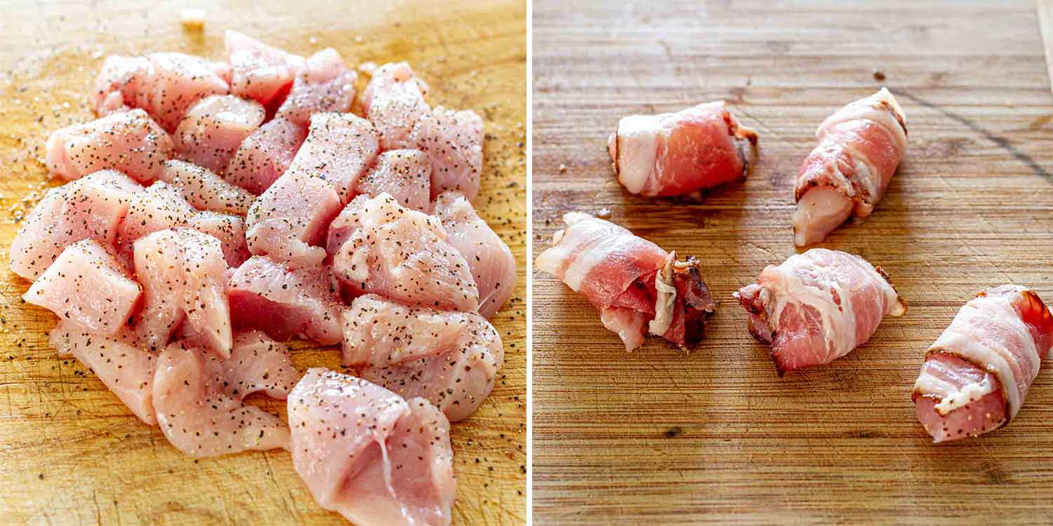 process shots showing how to make bacon wrapped chicken bites.