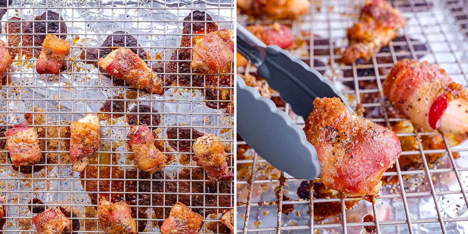 process shots showing how to make bacon wrapped chicken bites.