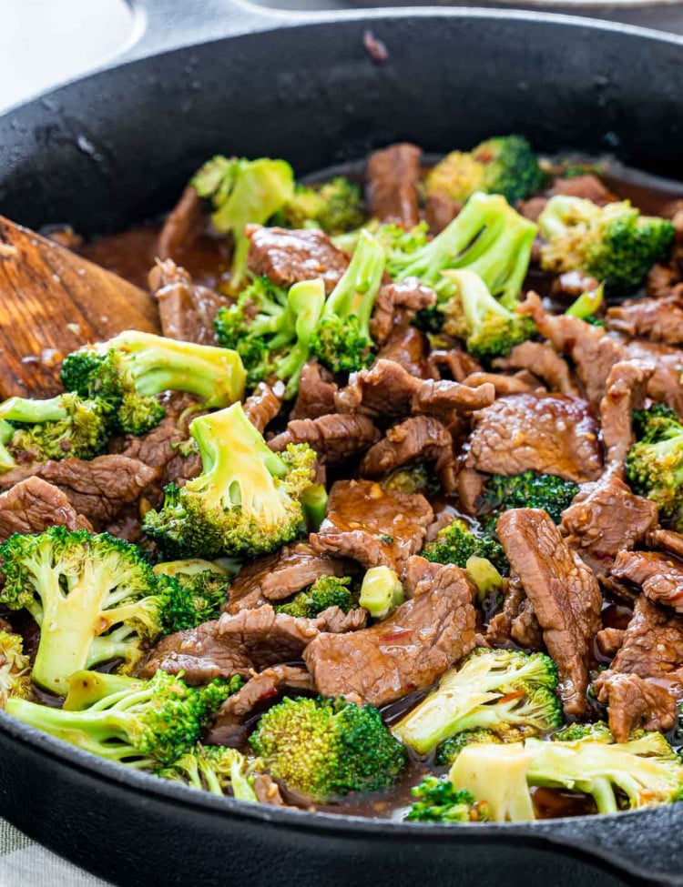 side shot of beef and broccoli in a skillet