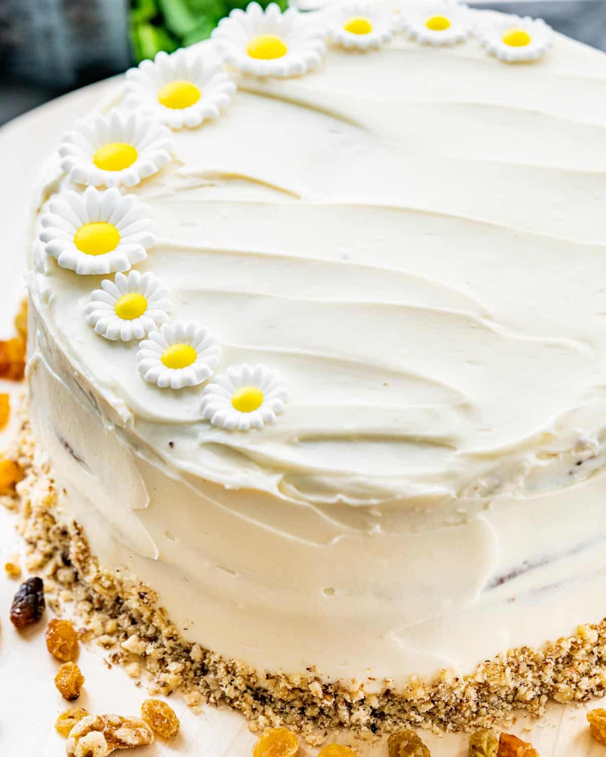 a freshly made carrot cake frosted with cream cheese icing.
