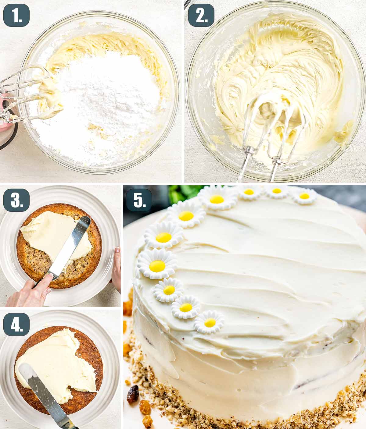 process shots showing how to make cream cheese frosting and how to ice a carrot cake.