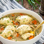 chicken and dumplings in a white bowl.