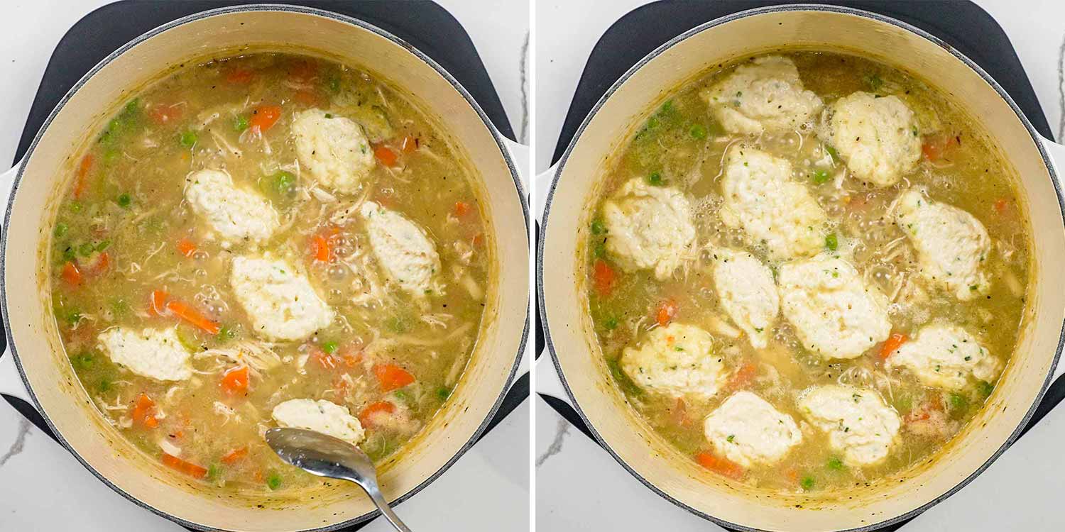 process shots showing how to make chicken and dumplings.