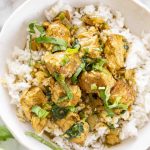 overhead shot of a bowl of coconut basil chicken curry.
