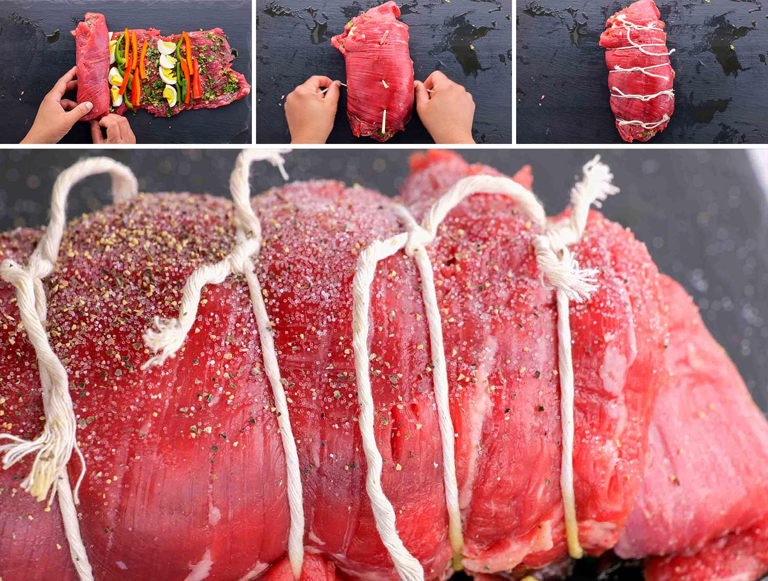 process shots showing how to make matambre, Argentinian flank steak.