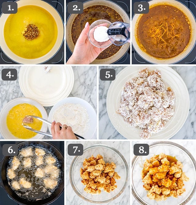 process shots of how to make orange chicken