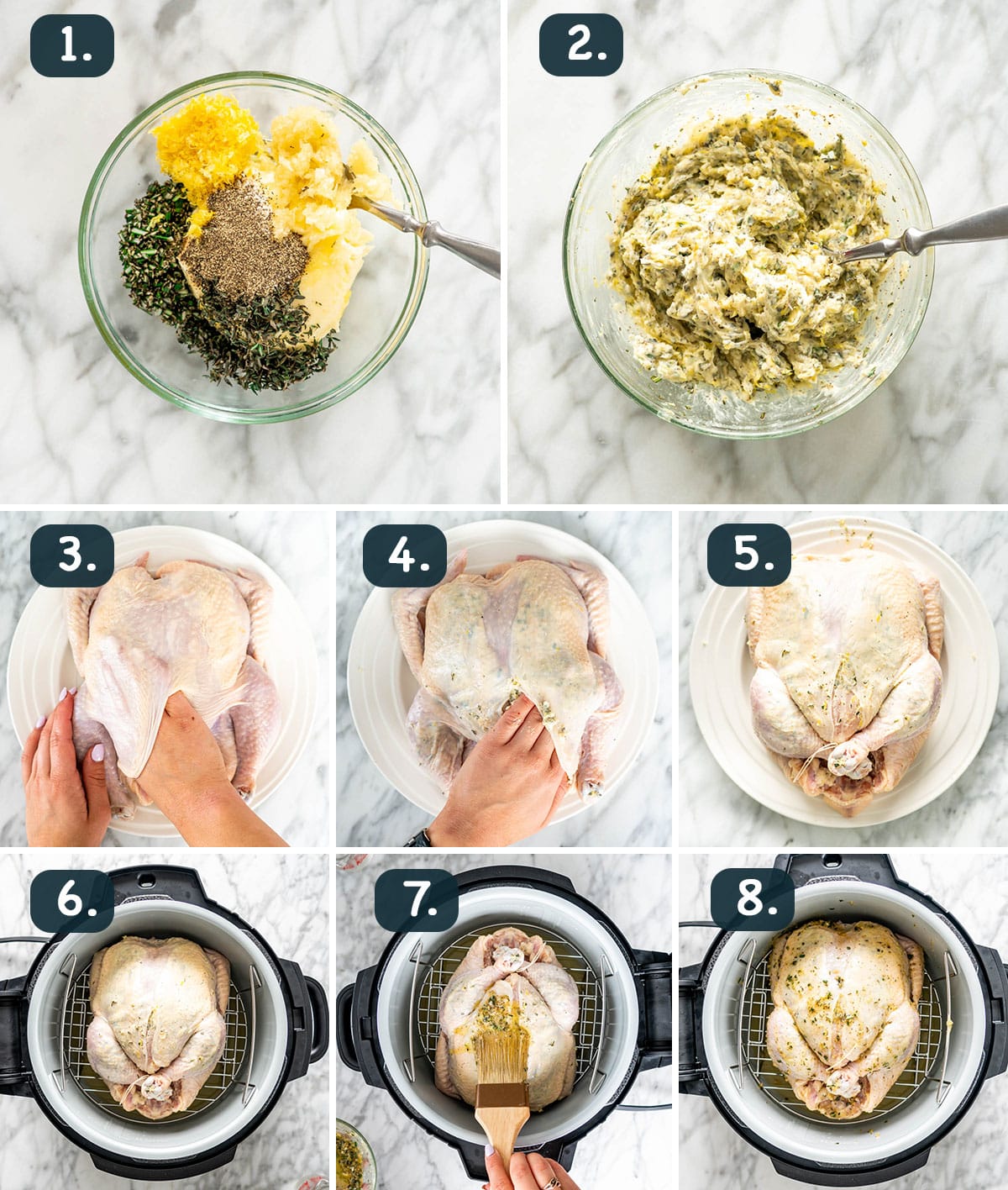 process shots showing how to prepare a chicken for making in the pressure cooker