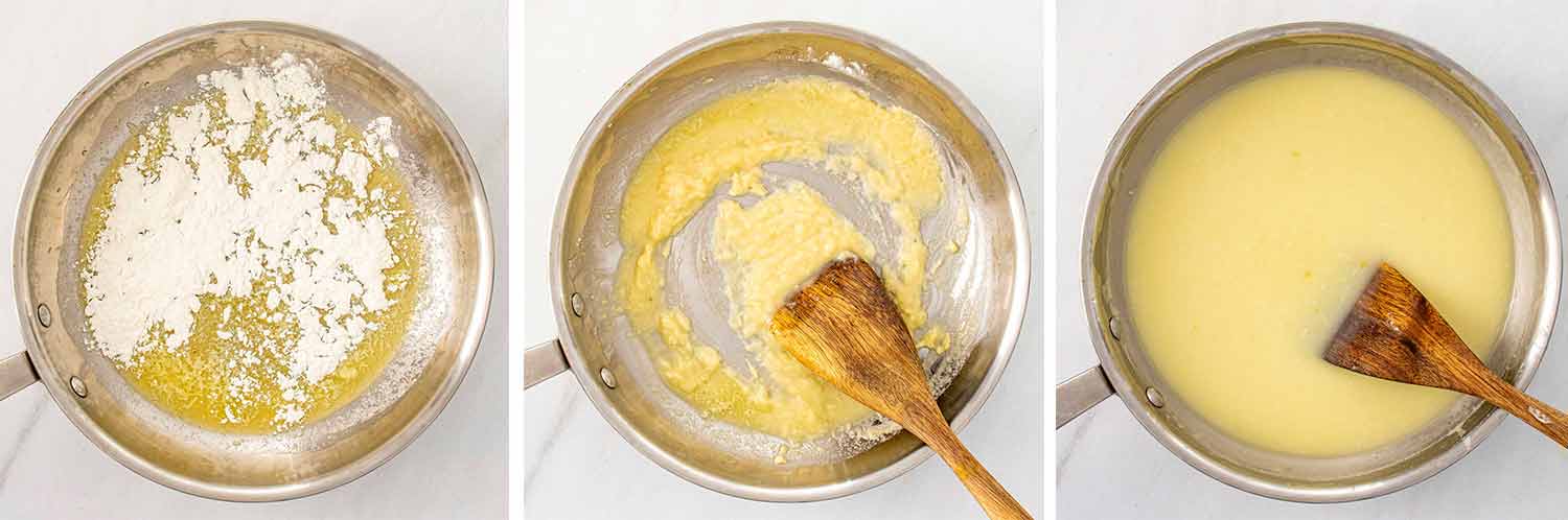 process shots showing how to make scalloped potatoes.