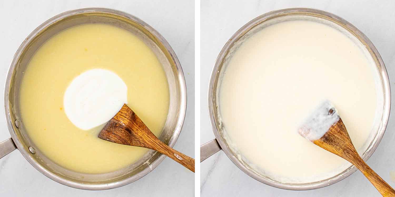 process shots showing how to make scalloped potatoes.