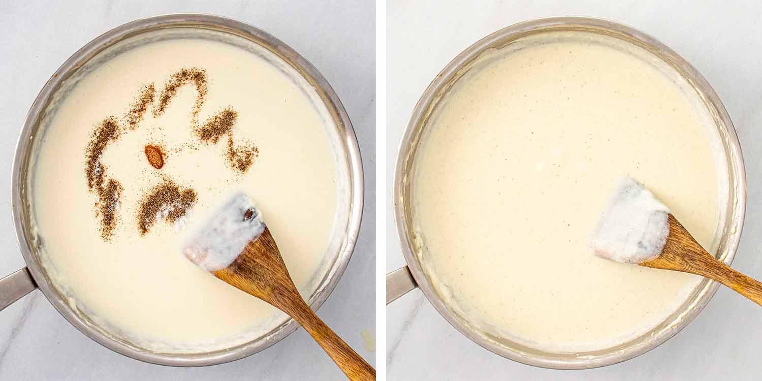 process shots showing how to make scalloped potatoes.
