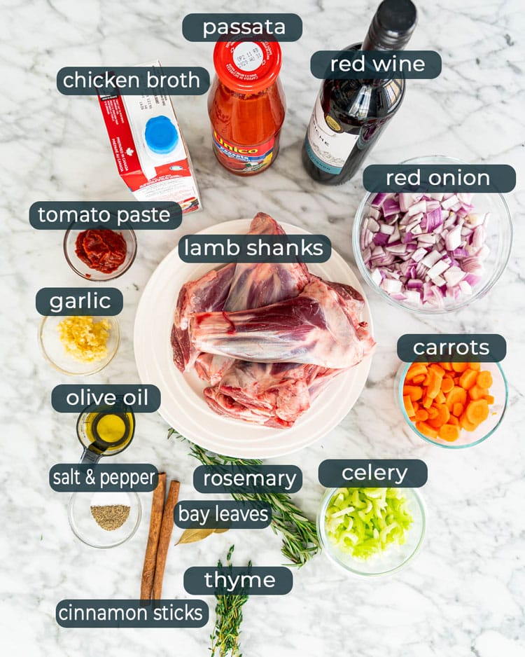 overhead shot of all the ingredients needed to make braised lamb shanks