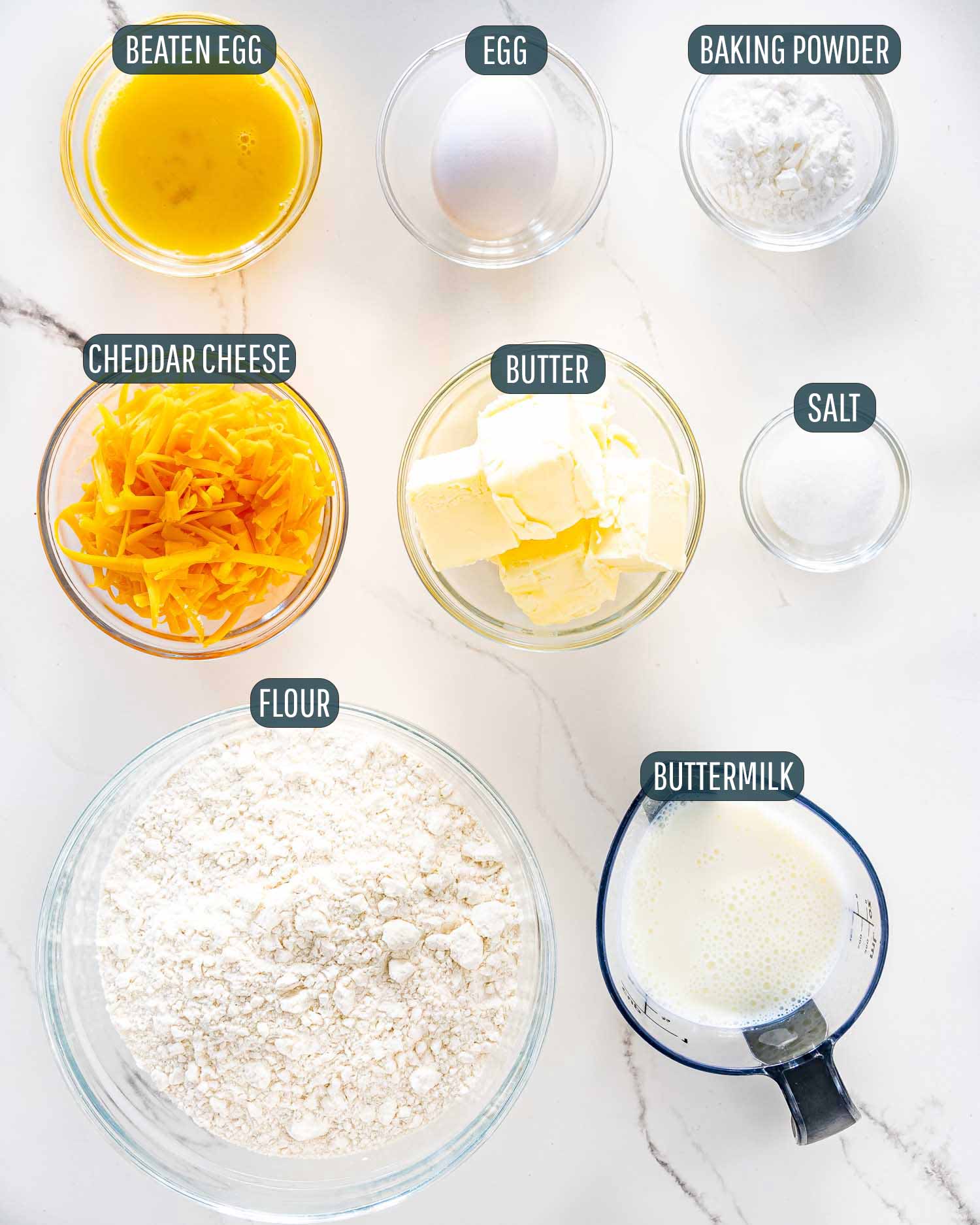 ingredients needed to make cheese biscuits.