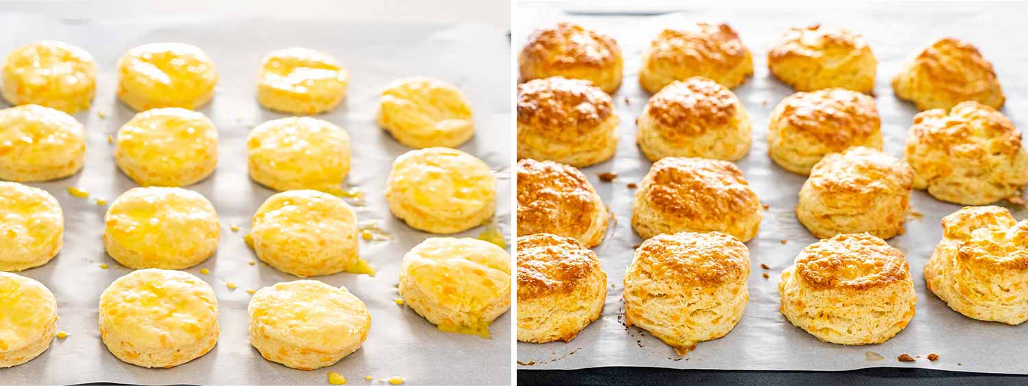process shots showing how to make cheddar cheese biscuits.