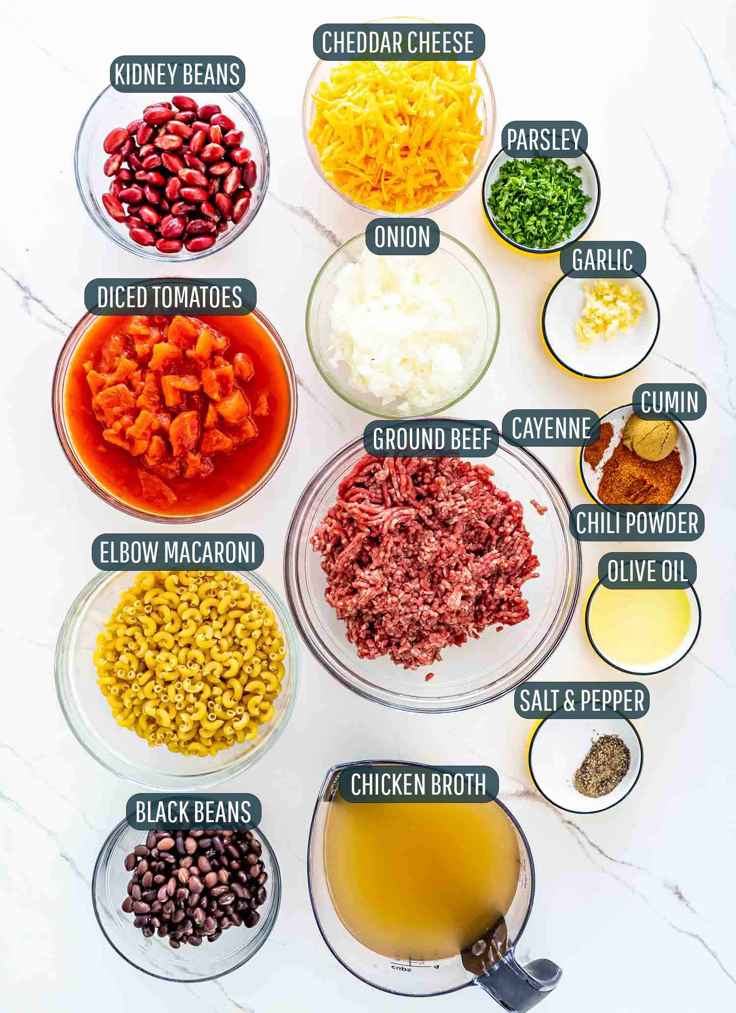 ingredients needed to make chili mac and cheese.