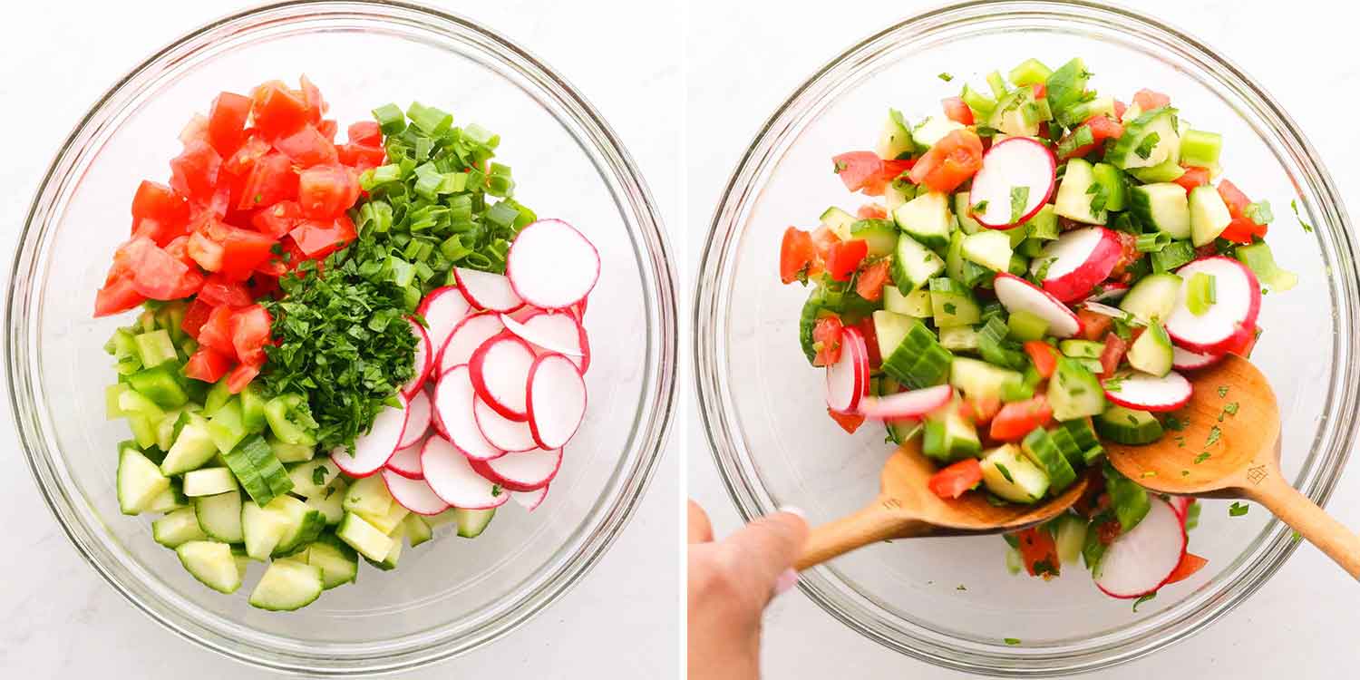 process shots showing how to make fattoush salad.