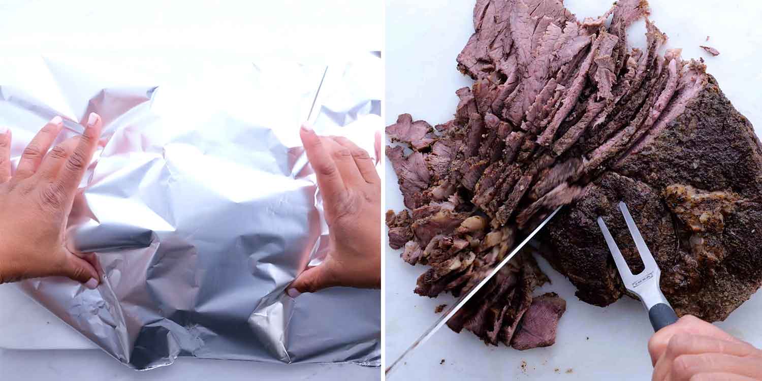 process shots showing how to make french dip.
