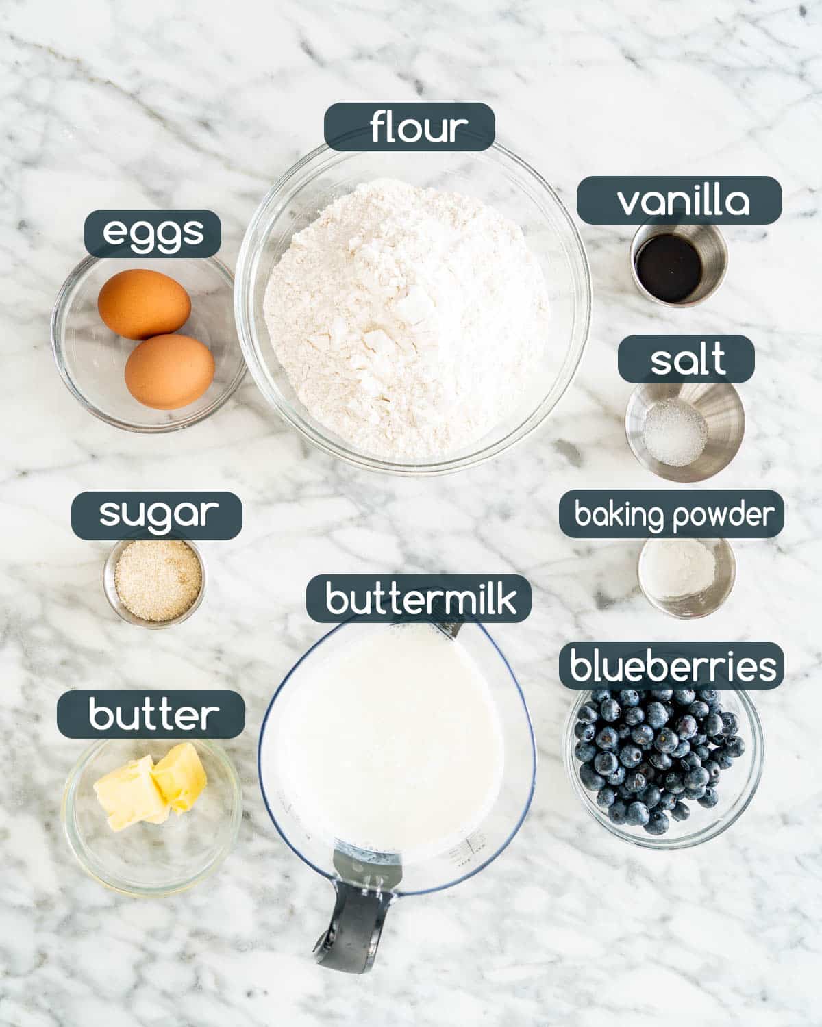 overhead shot of all ingredients needed to make pancake muffins
