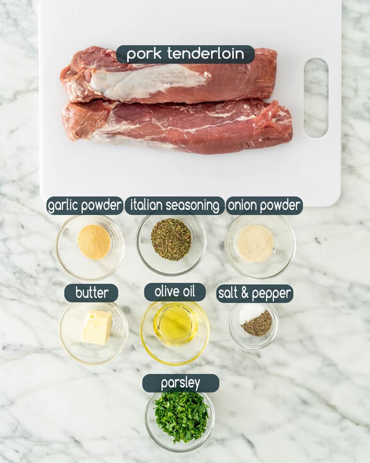 overhead shot of ingredients needed for cooking pork tenderloin