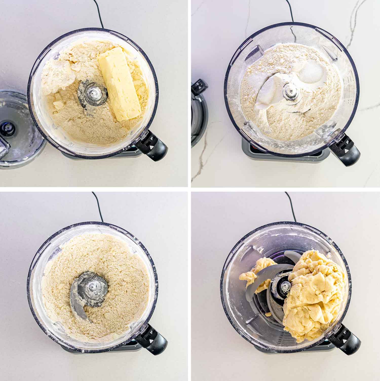 process shots showing how to make pie crust in the food processor.