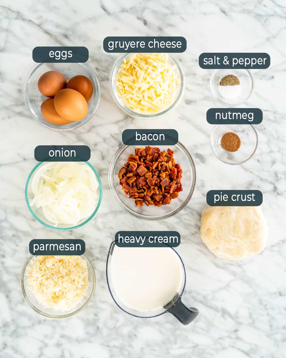 overhead shot of ingredients needed to make quiche