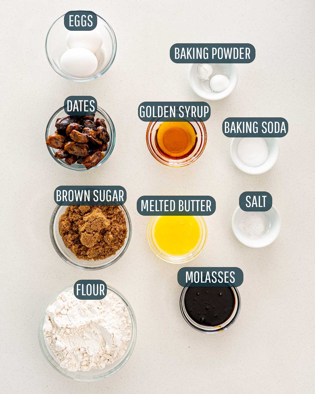 ingredients needed to make sticky toffee pudding.