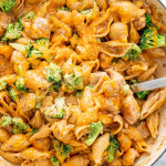 cheesy chicken broccoli pasta in a skillet freshly made.