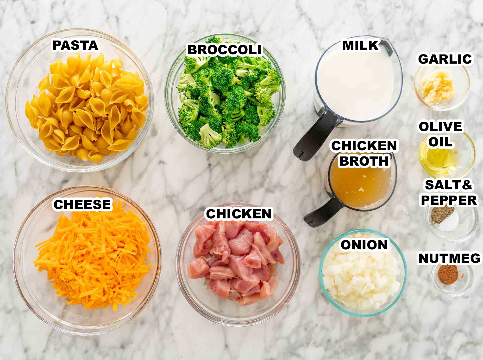 ingredients needed to make cheesy chicken broccoli pasta.