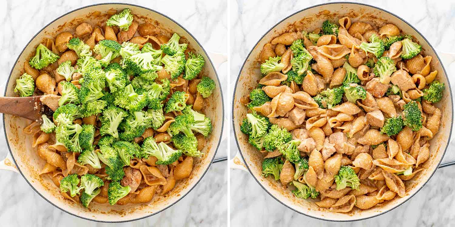 process shots showing how to make cheesy chicken broccoli pasta.