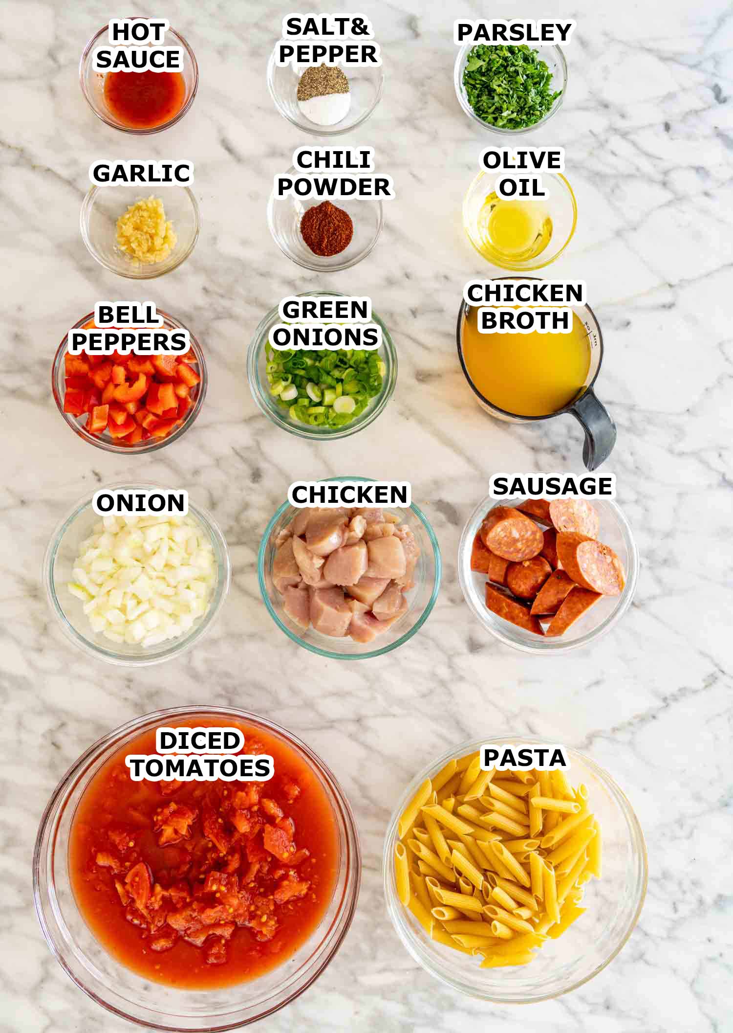 ingredients needed to make chicken and sausage penne jambalaya.