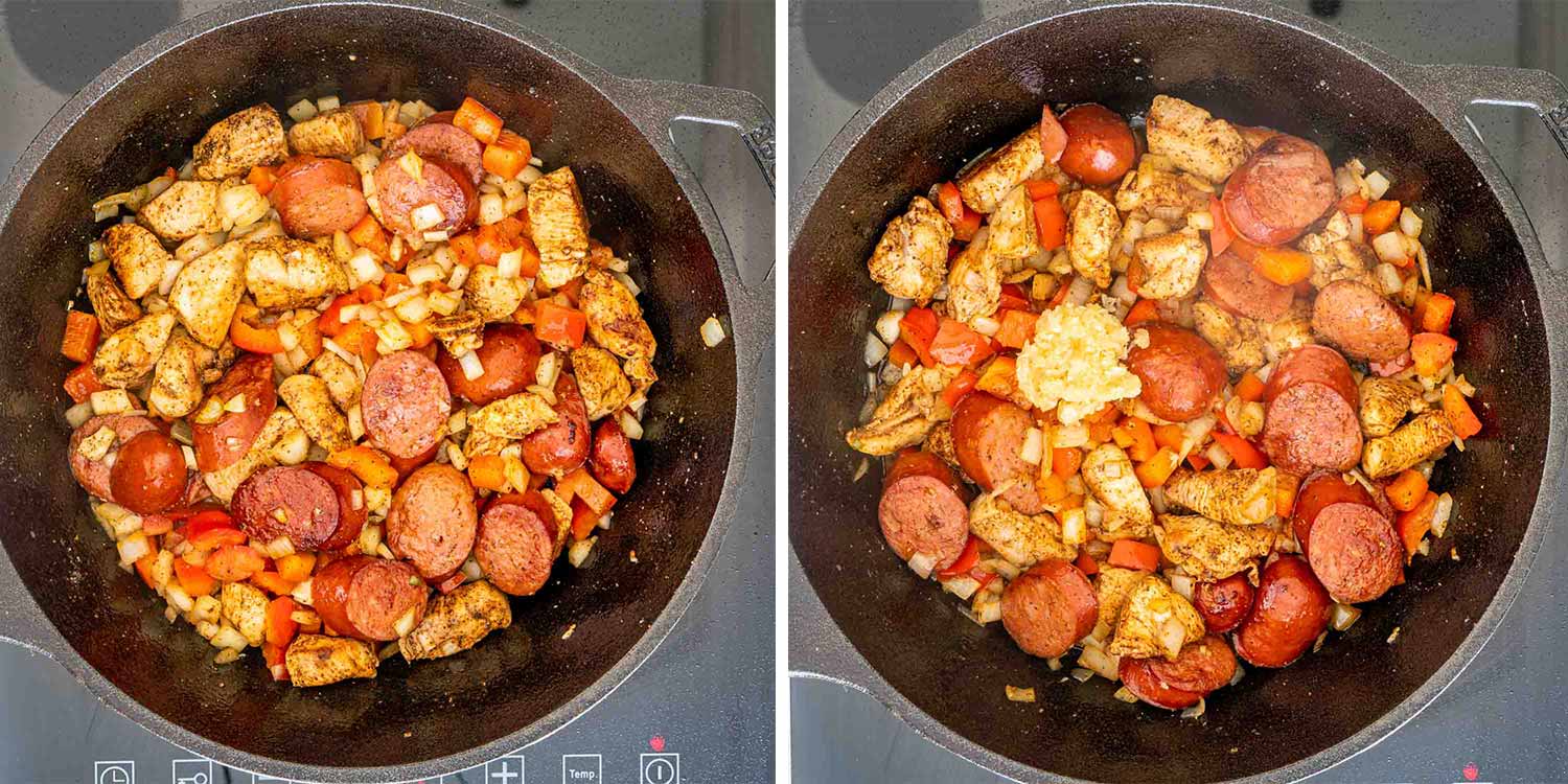 process shots showing how to make chicken and sausage penne jambalaya.