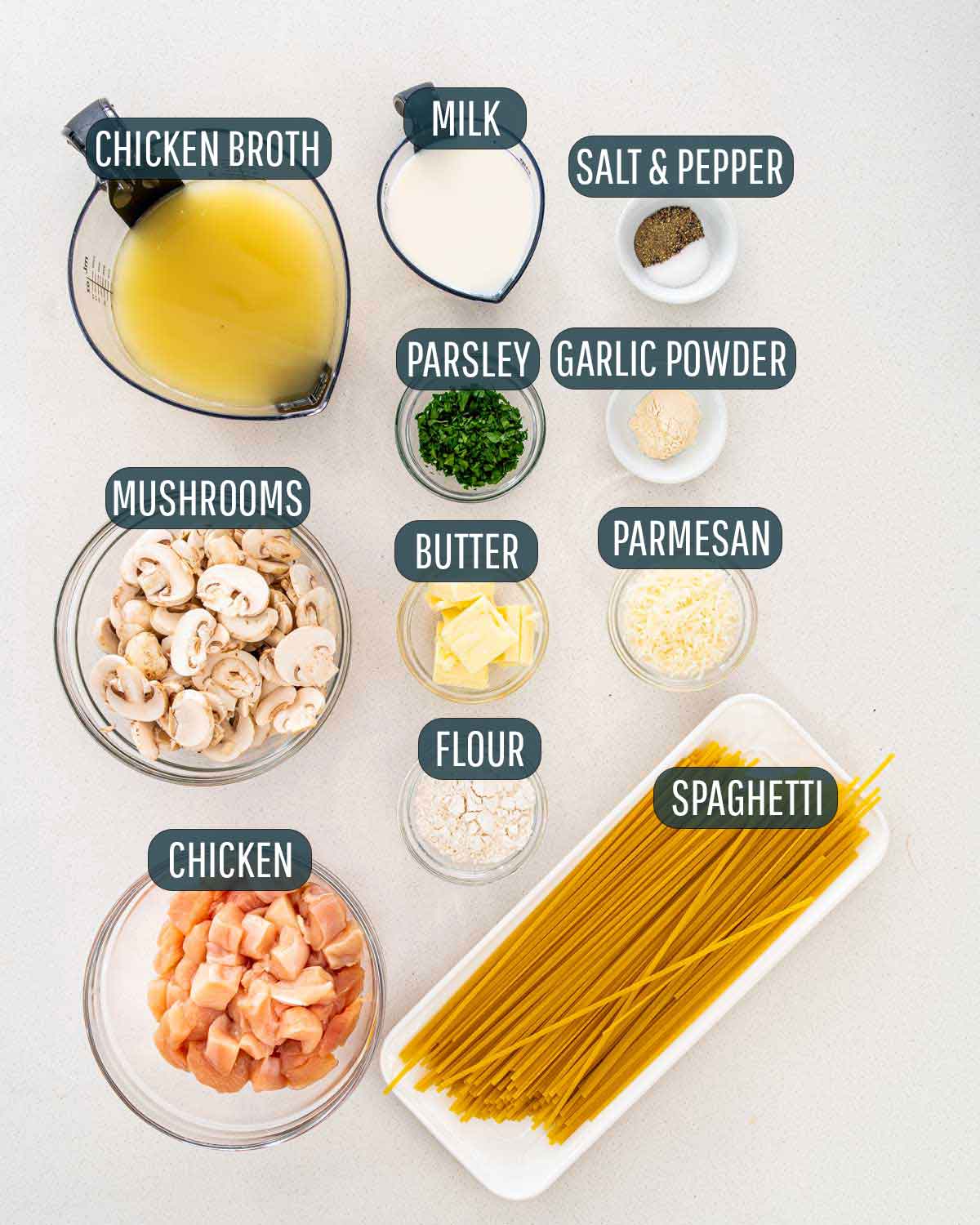 overhead shot of all ingredients needed to make chicken tetrazzini.