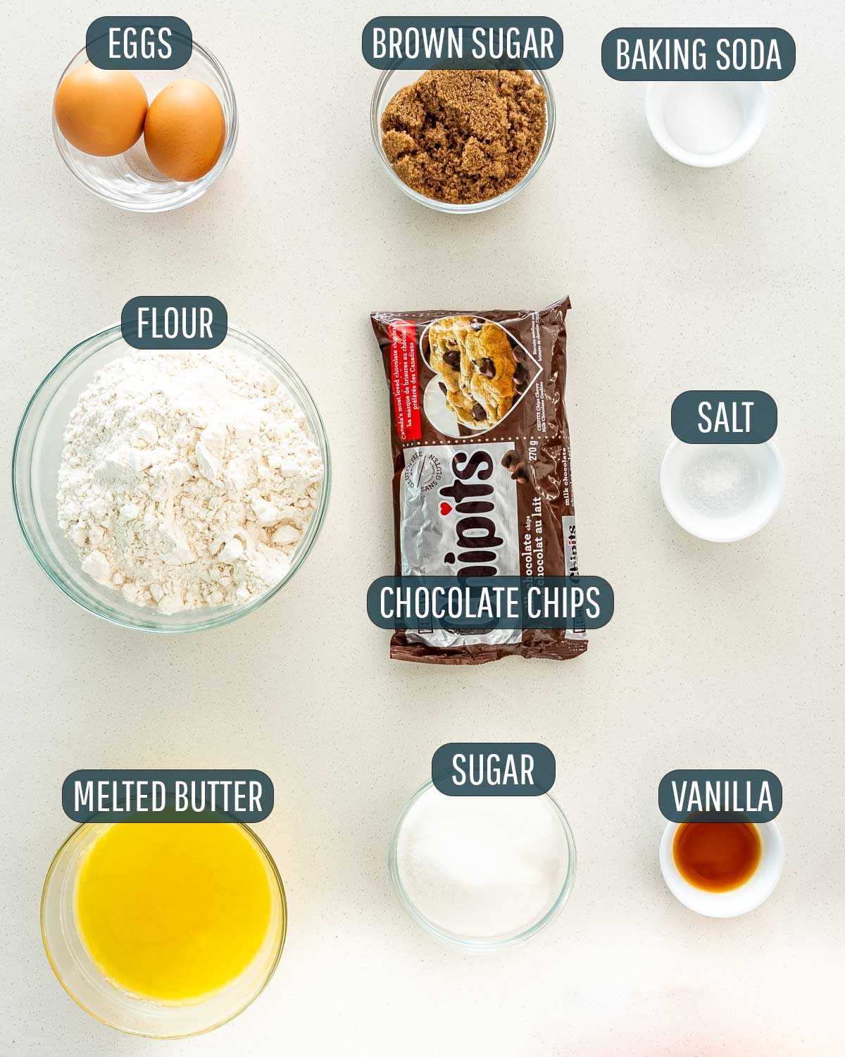 overhead shot of ingredients needed to make chocolate chip cookies.