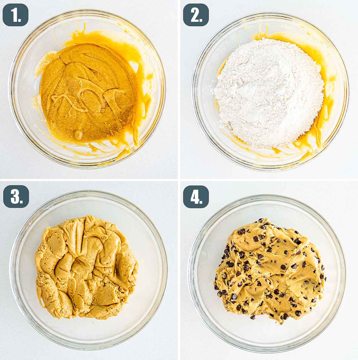 process shots showing how to make cookie dough for chocolate chip cookies.