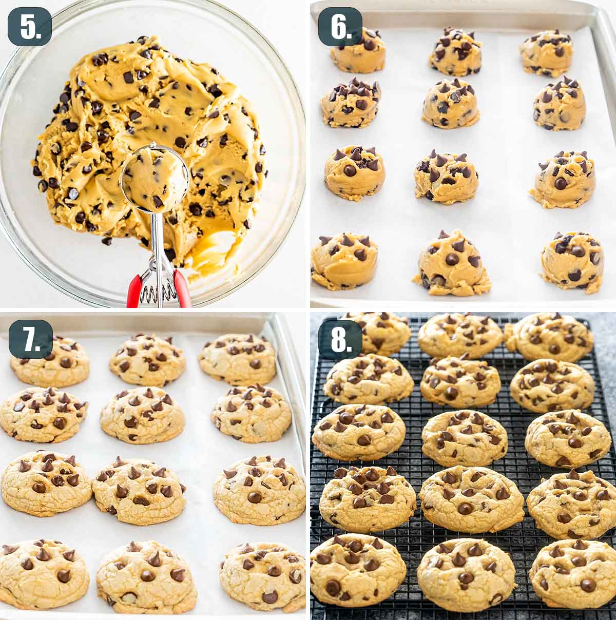 process shots showing how to finish making chocolate chip cookies and bake them.