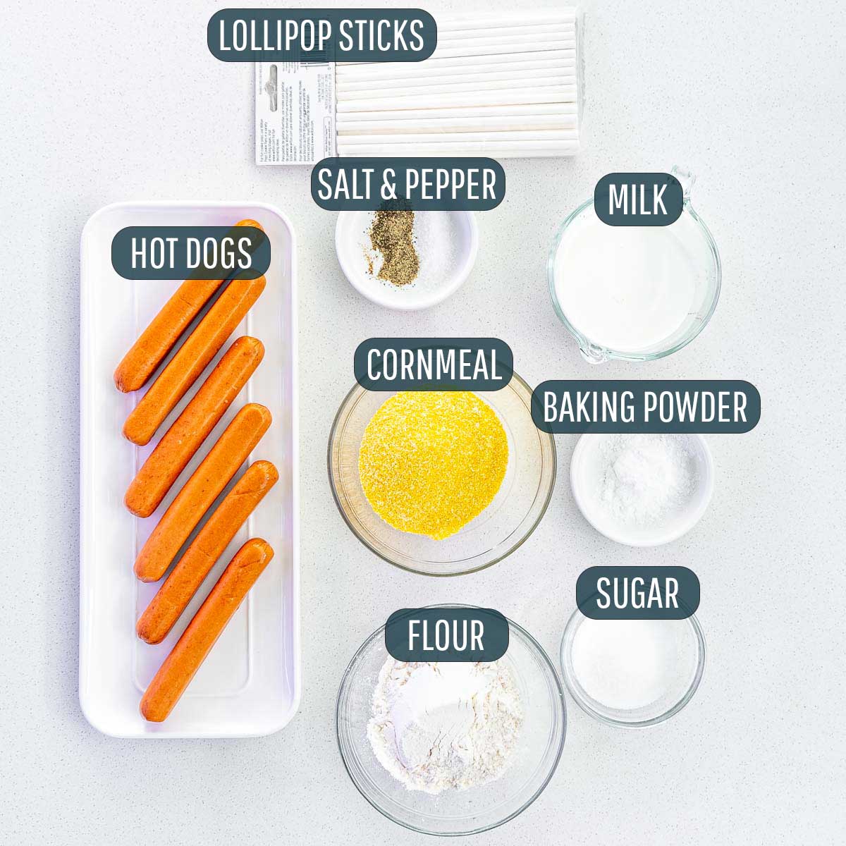 overhead shot of ingredients needed to make corn dogs.