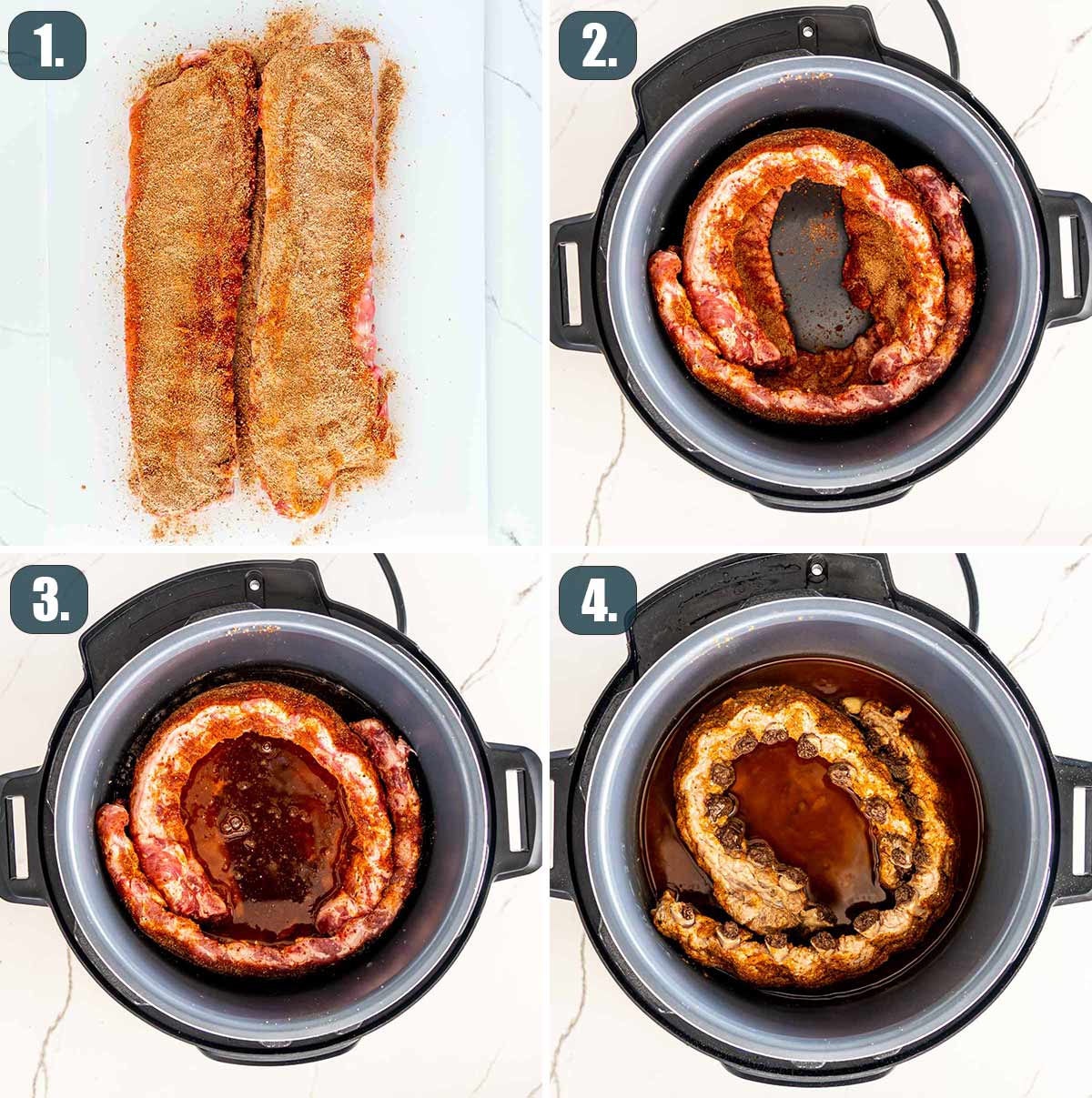 process shots showing how to make instant pot bbq ribs.