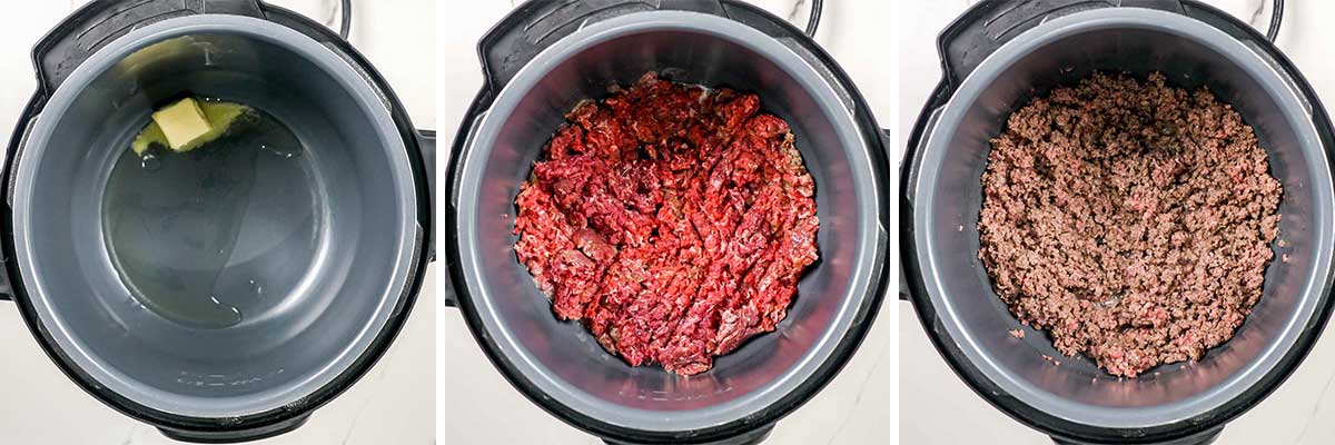 process shots showing how to brown ground meat in the instant pot.