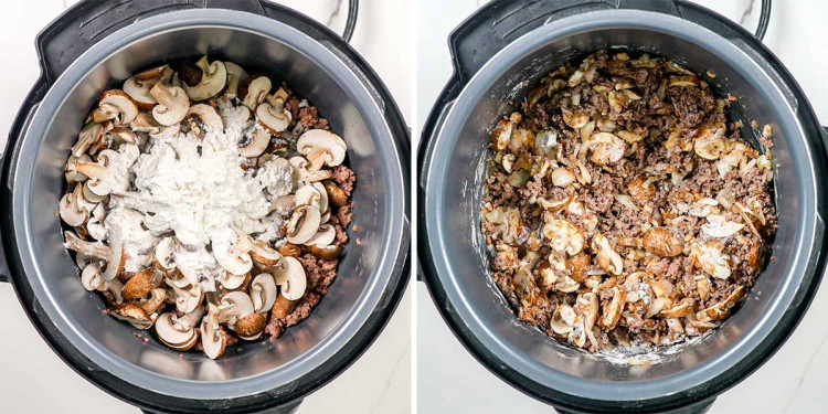process shots showing how to add mushrooms and flour to beef stroganoff in the instant pot.