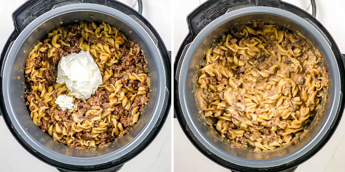 process shots showing how to stir in sour cream in beef stroganoff.