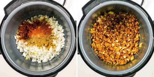 process shots showing how to cook the onion with spices for chicken tikka masala in the instant pot.