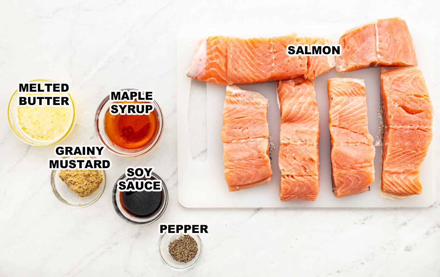ingredients needed to make maple mustard glazed salmon.