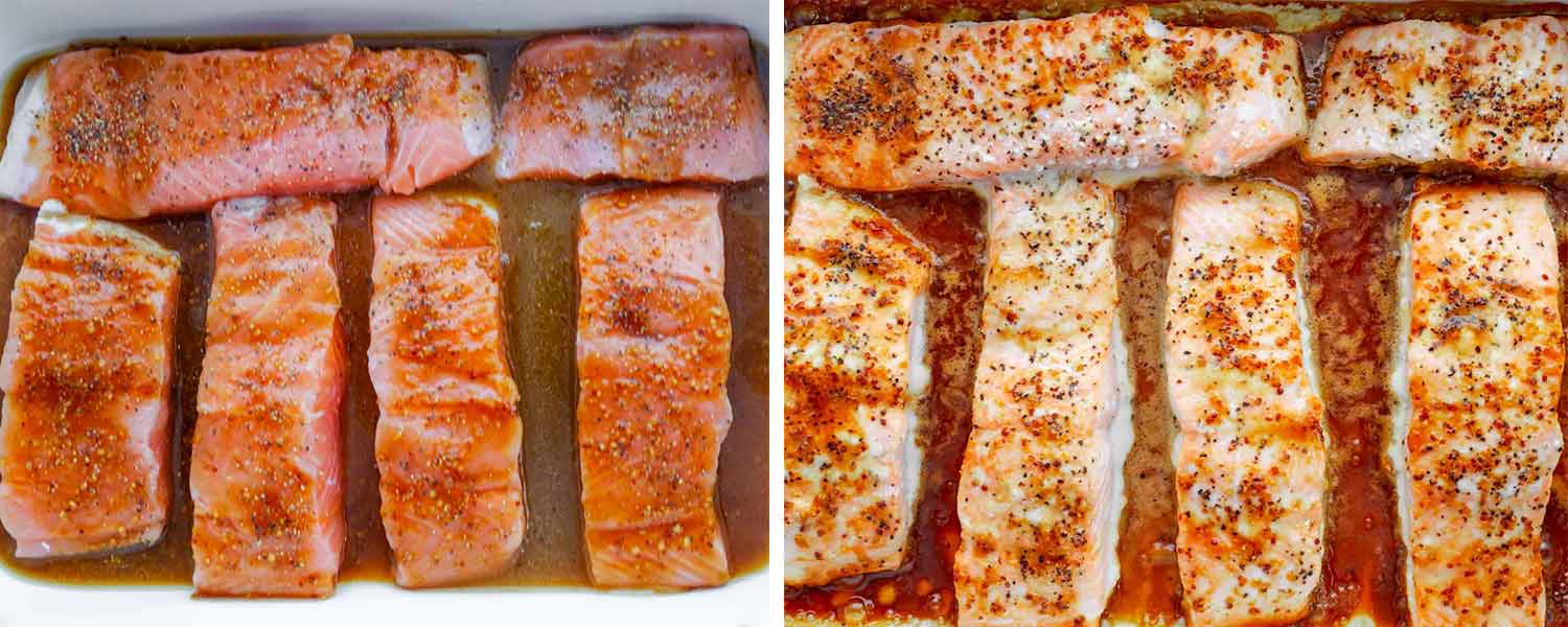 process shots showing how to make maple mustard glazed salmon.