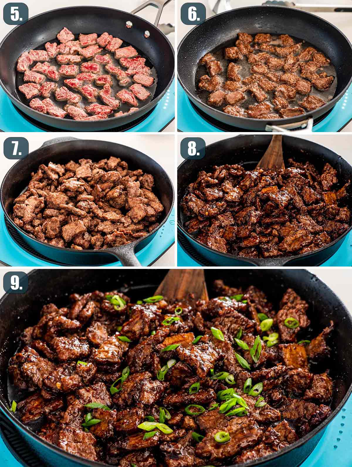 process shots showing how to fry flank steak pieces and stir it with sauce for mongolian beef.