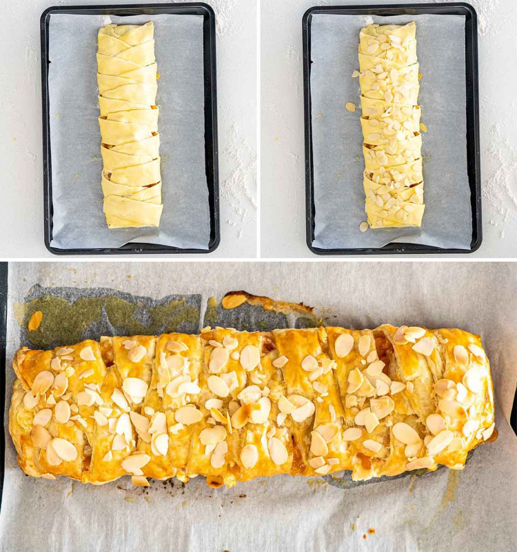 process shots showing how to prep peach strudel and bake it.