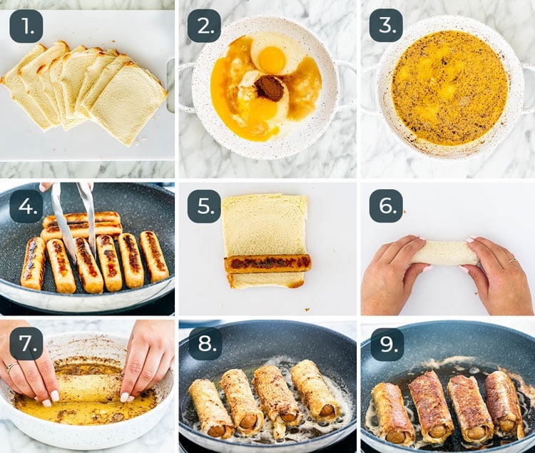 process shots showing how to make Sausage French Toast Roll Ups