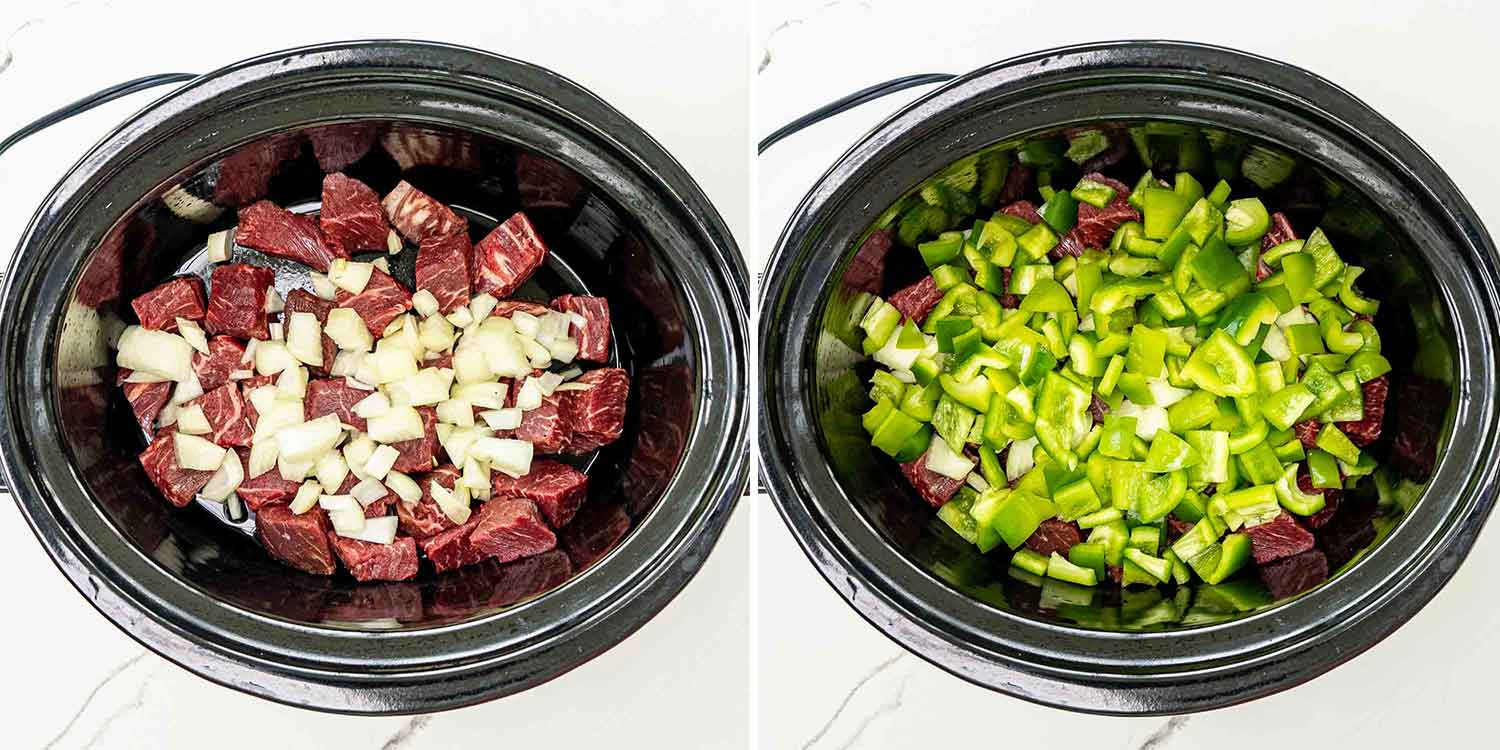 process shots showing how to make slow cooker pepper beef.