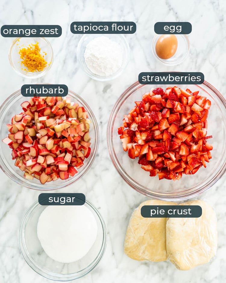 overhead shot of ingredients needed to make Strawberry Rhubarb Pie